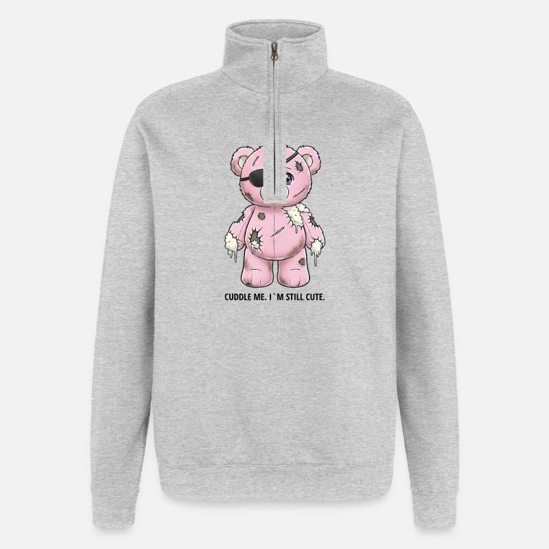 Patchwork Pinker Teddybär mit Augenklappe - Quarter-Zip-Sweatshirt - Grau meliert