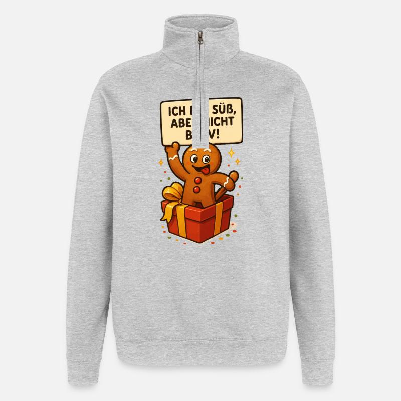 Süßer Lebkuchenmann im Geschenk - Quarter-Zip-Sweatshirt - Grau meliert