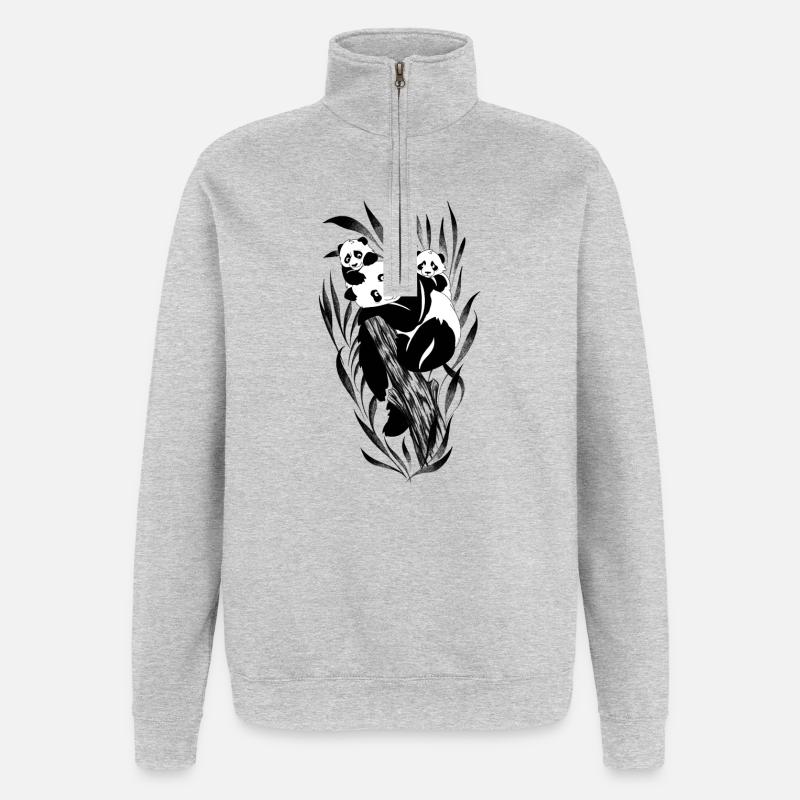 Famille panda perchée dans des bambous - Sweat à zip 1/4 - gris chiné