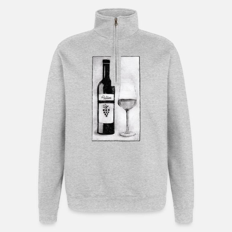 Weinflasche mit Glas - Druckvorlage handgeschnitzt - Quarter-Zip-Sweatshirt - Grau meliert