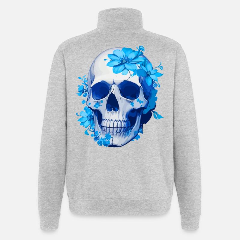 Crâne Floral Bleu Intense - Sweat à zip 1/4 - gris chiné