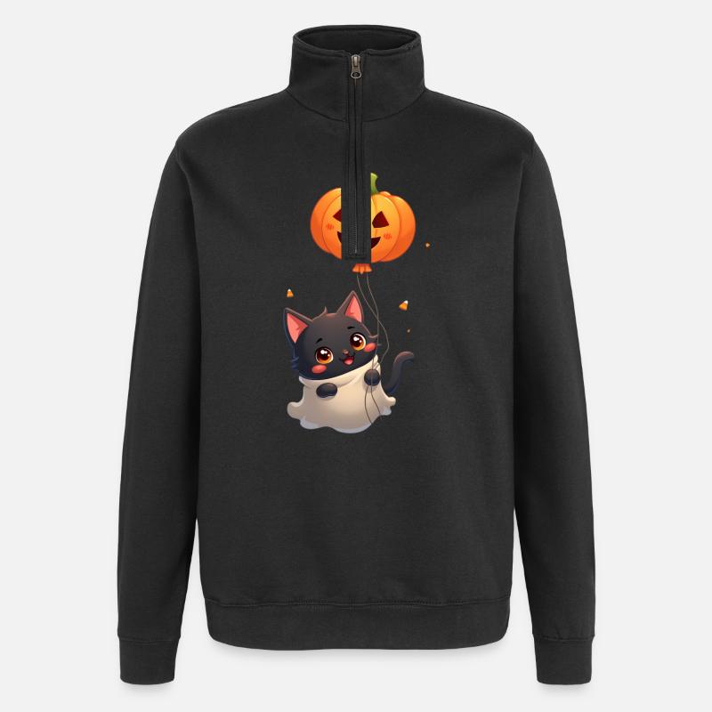 Chat d’Halloween avec citrouille d’Halloween - Sweat à zip 1/4 - noir