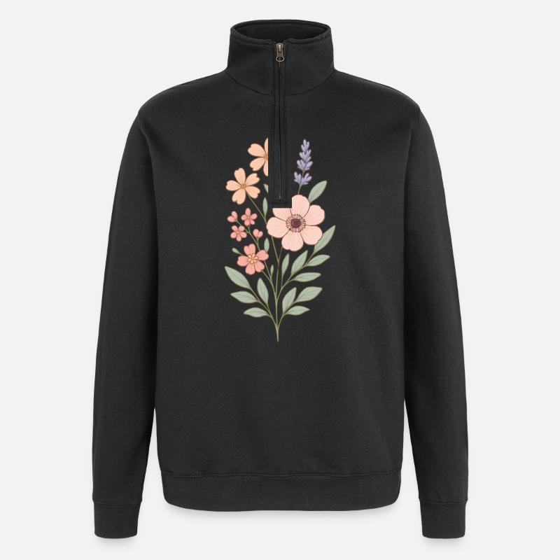 Bouquet aquarelle fleurs pastel - Sweat à zip 1/4 - noir
