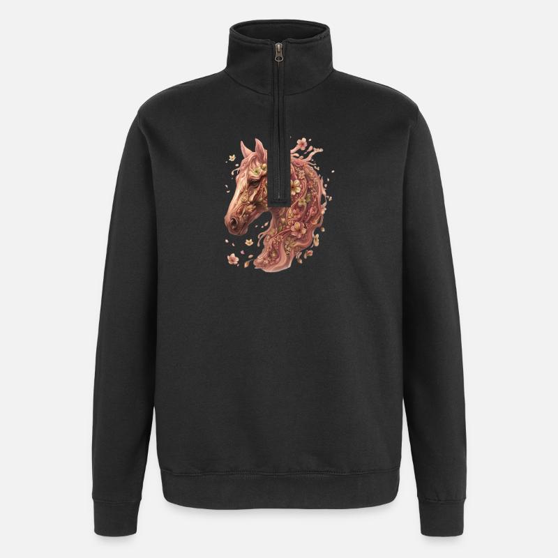 Flora, Pferdekopf mit Blüten - Quarter-Zip-Sweatshirt - Schwarz