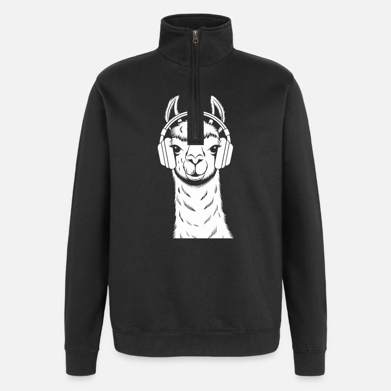 Cool Llama with Headphones - Quarter-Zip Sweatshirt - black
