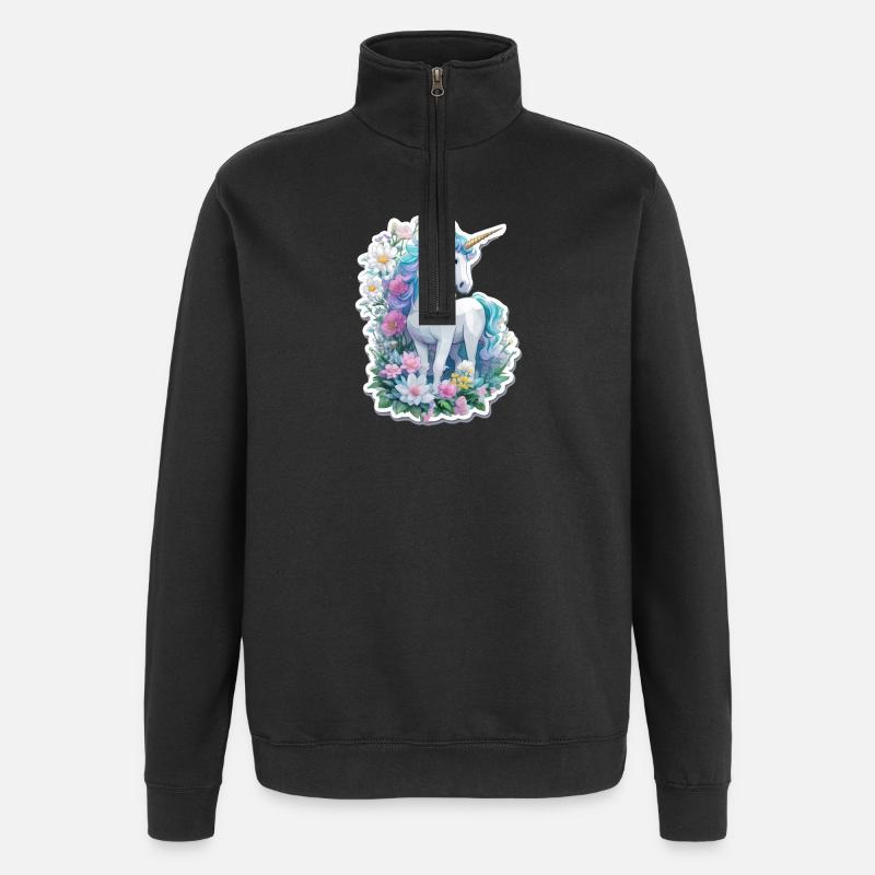 Einhorn im Blumengarten - Quarter-Zip-Sweatshirt - Schwarz