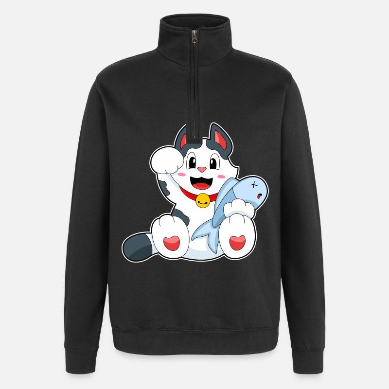 Katze mit Fisch - Quarter-Zip-Sweatshirt - Schwarz