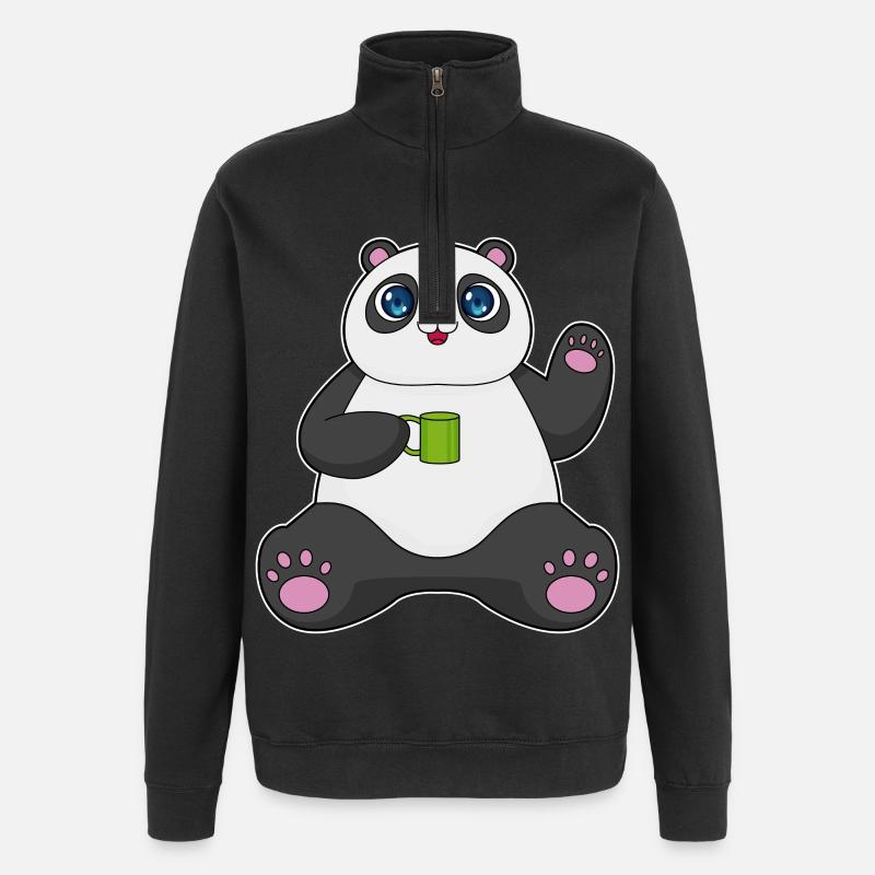 Panda mit Kaffeebecher - Quarter-Zip-Sweatshirt - Schwarz