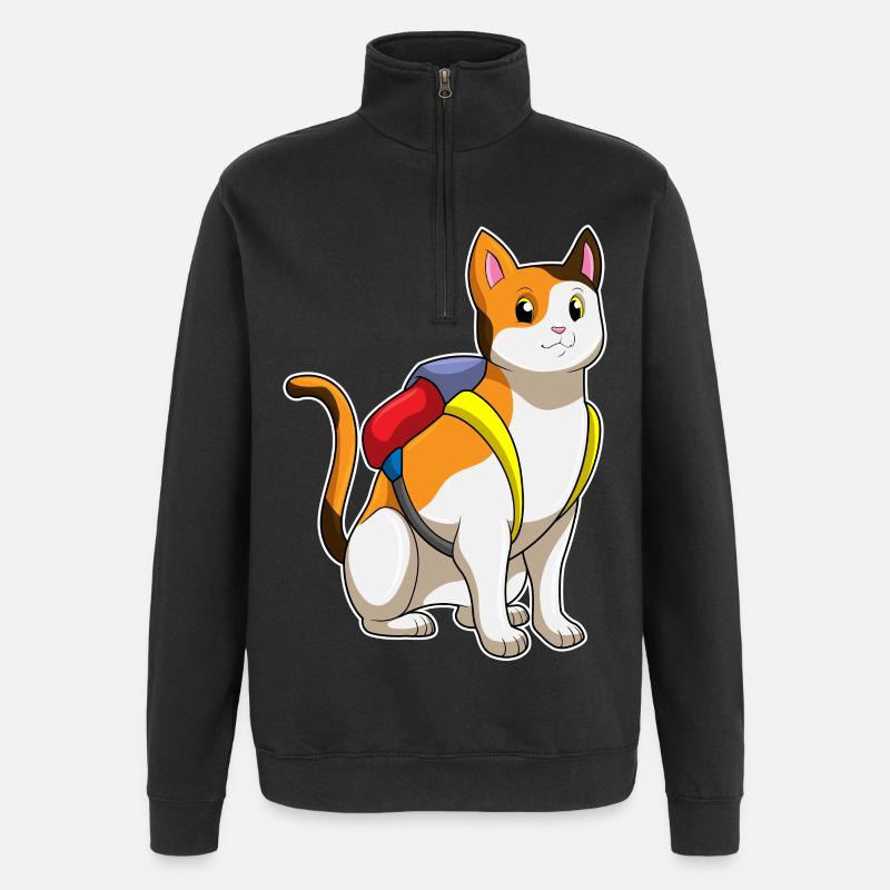 Katze mit Schulranzen Schule - Quarter-Zip-Sweatshirt - Schwarz