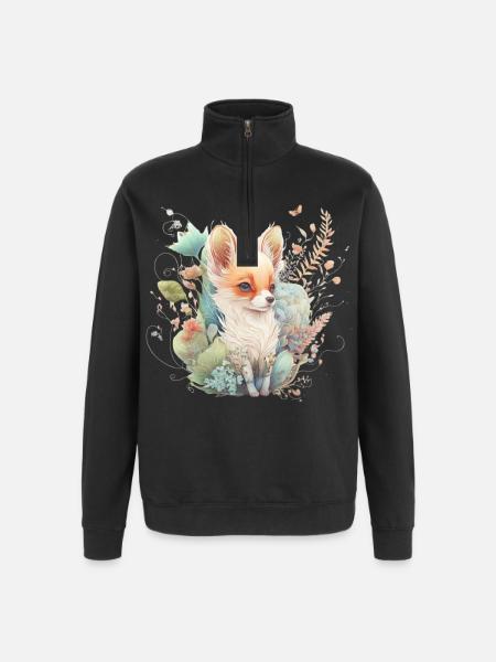 Renard Aquarelle Fleurs - Sweat à zip 1/4 - noir