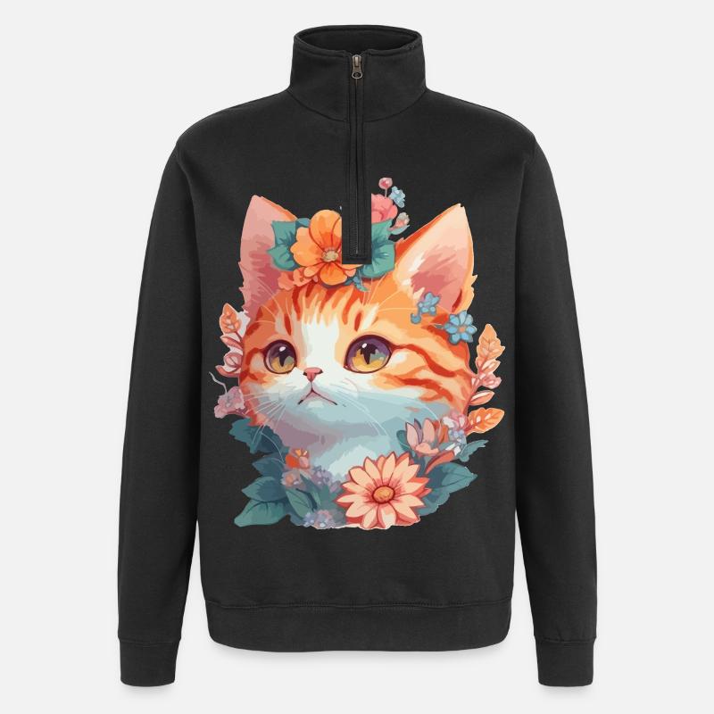 Chat rouge avec des fleurs - Sweat à zip 1/4 - noir