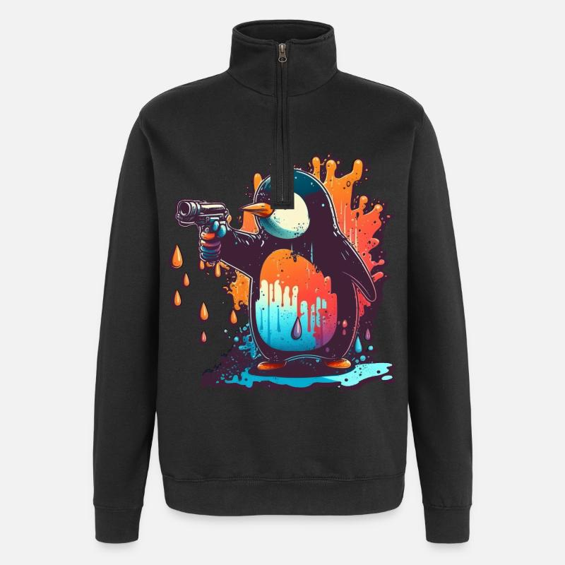 Penguin with pulled kolt - Quarter-Zip Sweatshirt - black