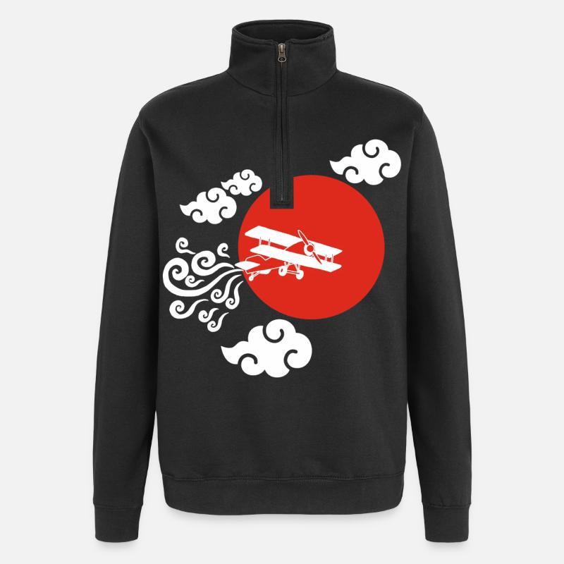Avion blanc et soleil rouge - Sweat à zip 1/4 - noir