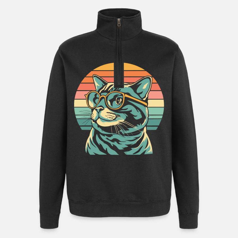 Retro Sunset Katze mit Brille - Quarter-Zip-Sweatshirt - Schwarz