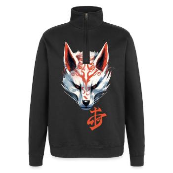 Anime Kitsune Fox Mask Kumiho Samurai Japan - Quarter-Zip Sweatshirt - black - Front - AI Model Female 172 light (172cm) & AI Model Male 178 dark (178cm)
