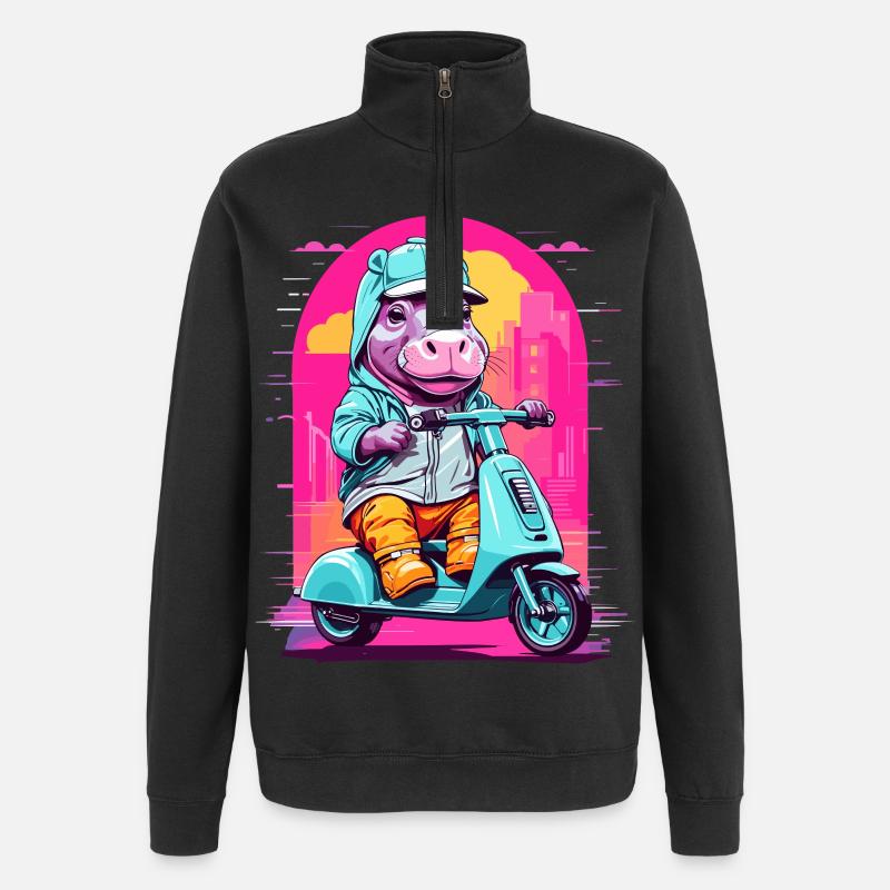 Nilpferd auf Roller - Quarter-Zip-Sweatshirt - Schwarz