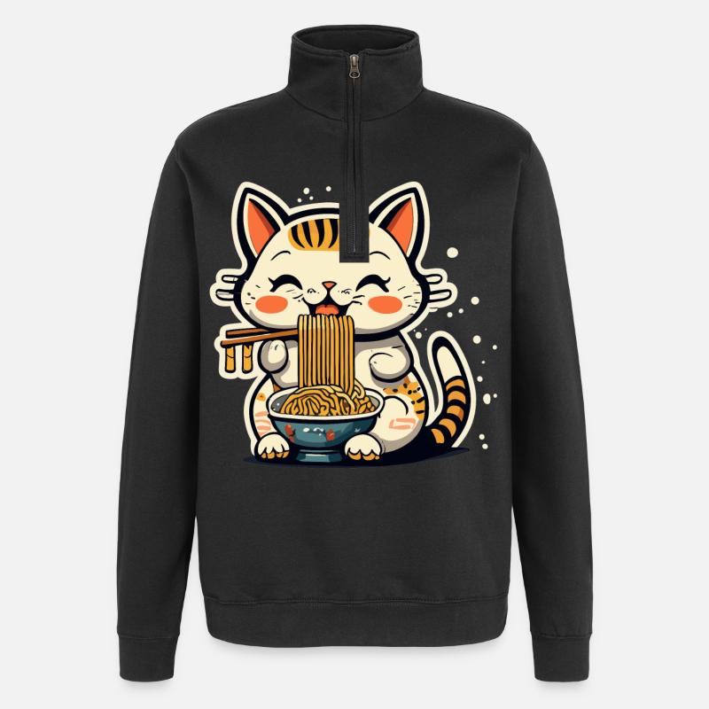 Chat ramen - Sweat à zip 1/4 - noir
