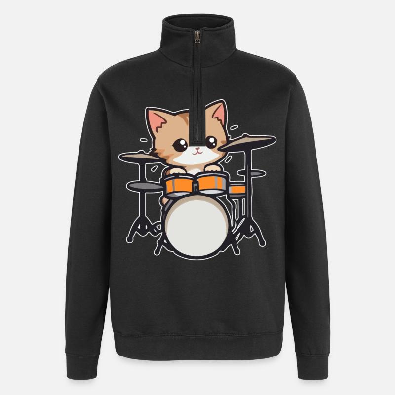 Batterie, Chat, Musicien, Batteur - Sweat à zip 1/4 - noir
