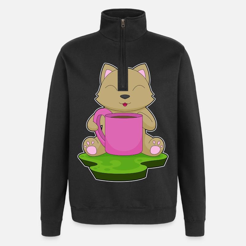 Katze Kaffee Becher - Quarter-Zip-Sweatshirt - Schwarz