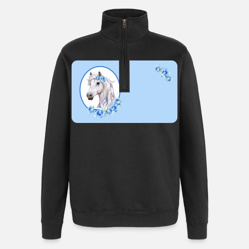 Cheval blanc - Roses bleu clair | Personnalisable - Sweat à zip 1/4 - noir