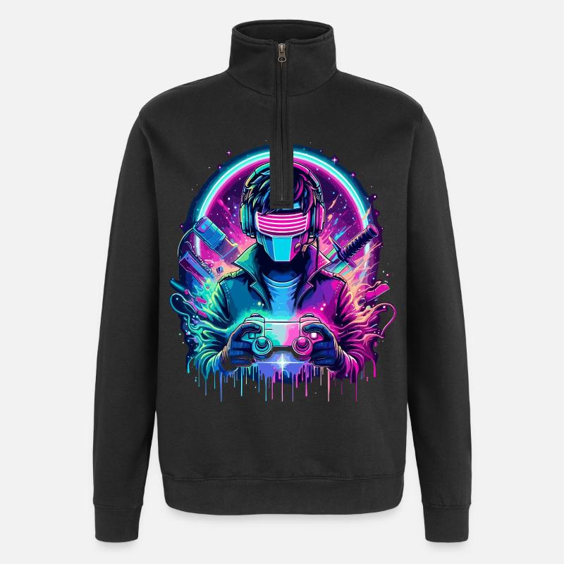 Neon Cyber Controller - Retro Gaming Power - Quarter-Zip-Sweatshirt - Schwarz