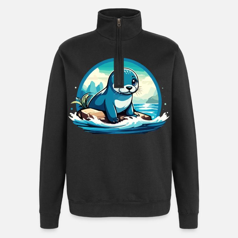 Robbe auf Felsen - Quarter-Zip-Sweatshirt - Schwarz