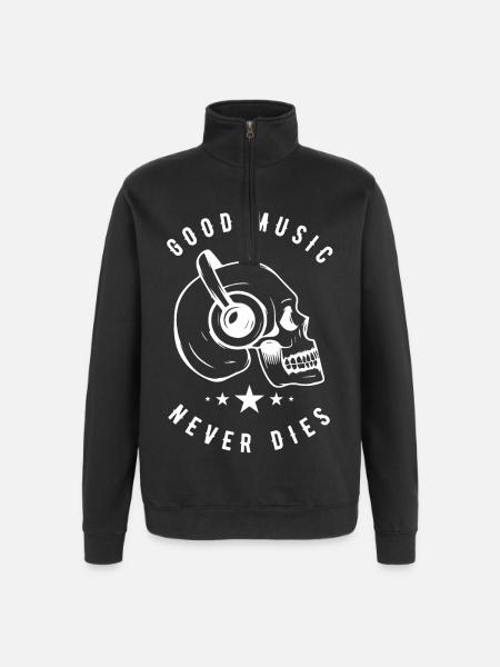 Skull with Headphones Music Never Dies - Quarter-Zip Sweatshirt - black