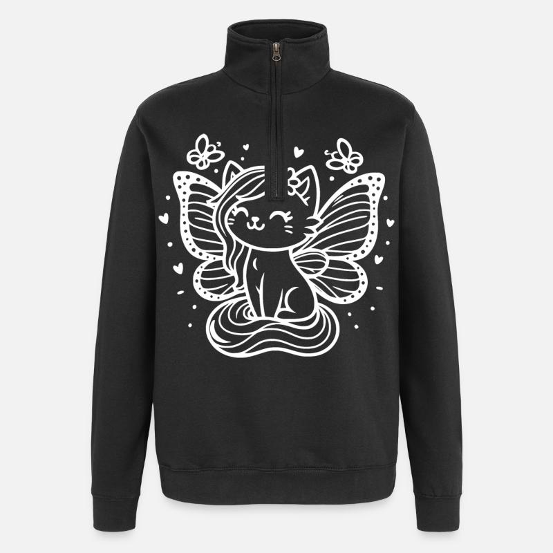 Chat ailé (blanc) - Sweat à zip 1/4 - noir