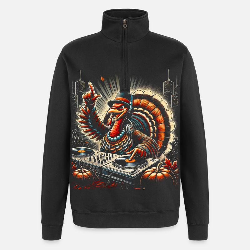 Turkey DJ with Fall Pumpkin Decor - Quarter-Zip Sweatshirt - black