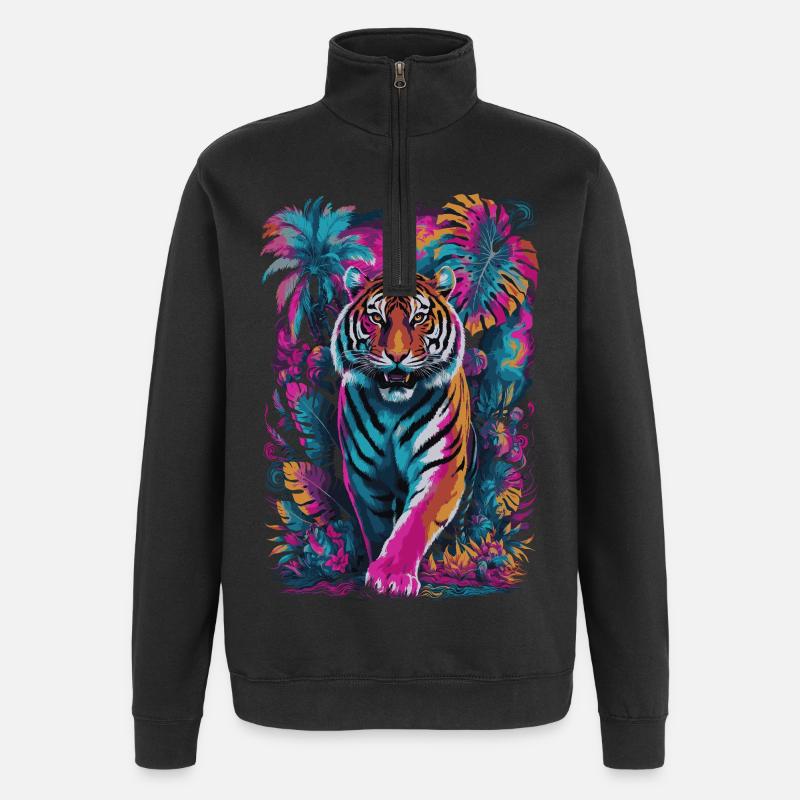 Psychedelischer Tiger im lebendigen Dschungel-Design - Quarter-Zip-Sweatshirt - Schwarz