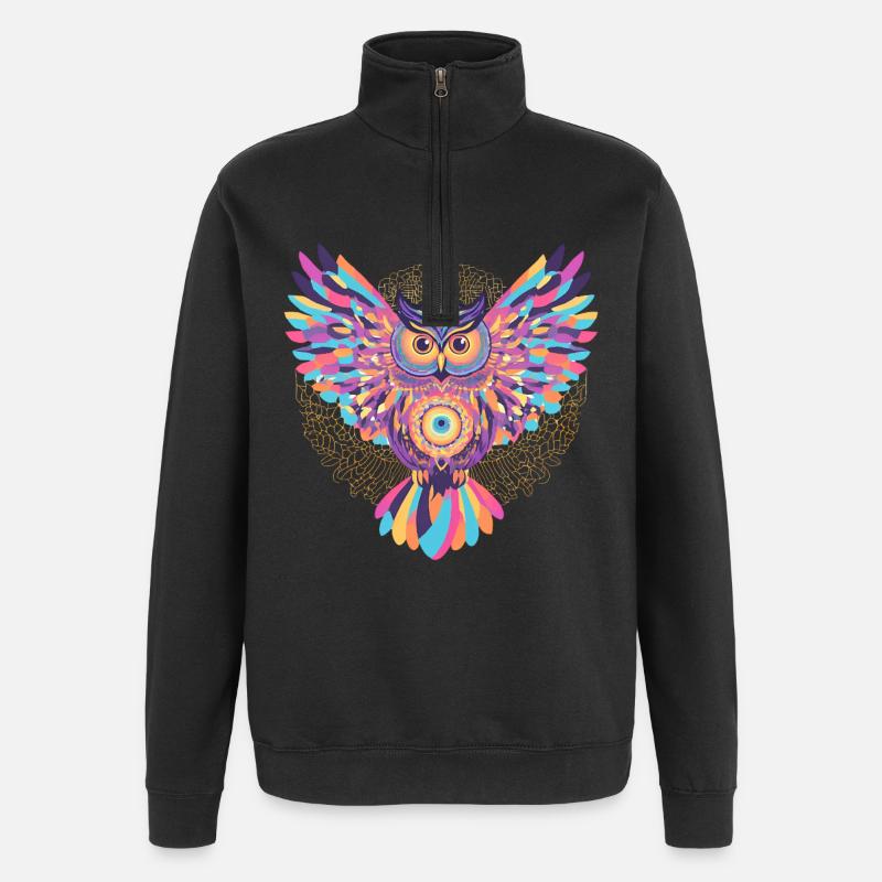 Regenbogenmandala-Eule - Quarter-Zip-Sweatshirt - Schwarz