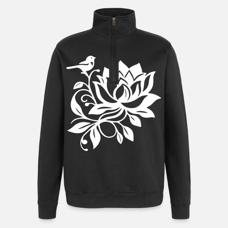 Le lotus blanc et l'oiseau - Sweat à zip 1/4 - noir