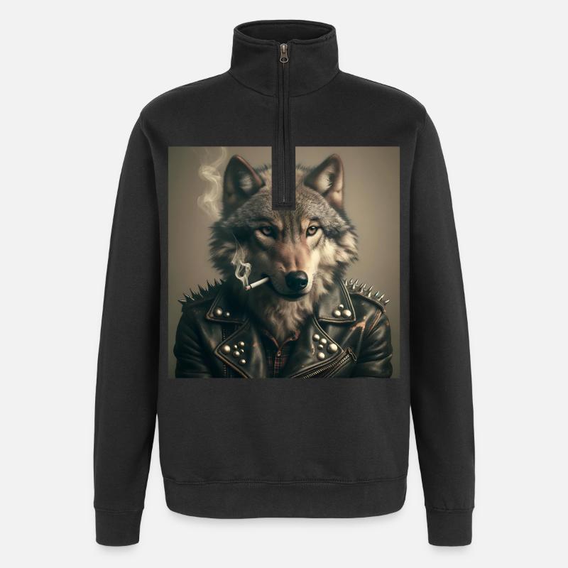 Rockiger Wolf mit Lederjacke - Quarter-Zip-Sweatshirt - Schwarz