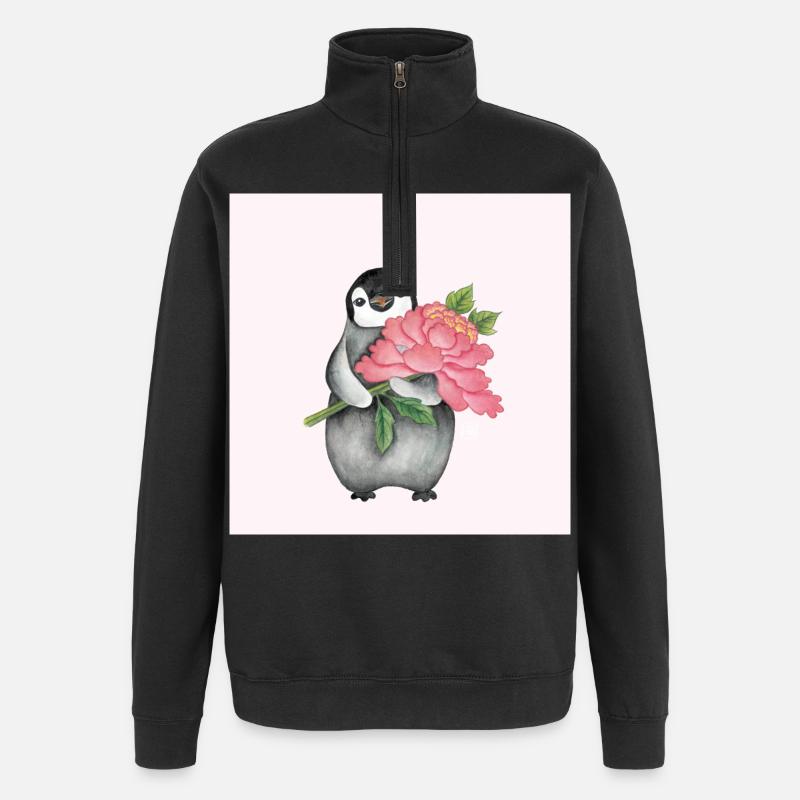 Niedlicher Pinguin mit Pfingstrose - Quarter-Zip-Sweatshirt - Schwarz