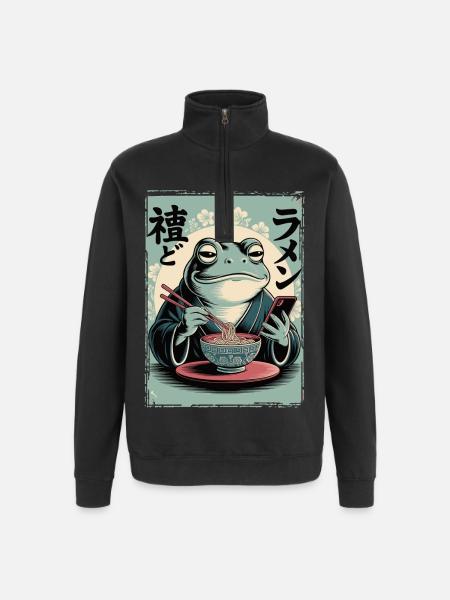 Funny frog, grumpy, Japanese art, ramen - Quarter-Zip Sweatshirt - black