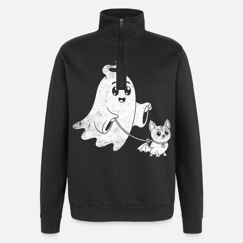 Fantôme avec chien chauve-souris d’Halloween - Sweat à zip 1/4 - noir