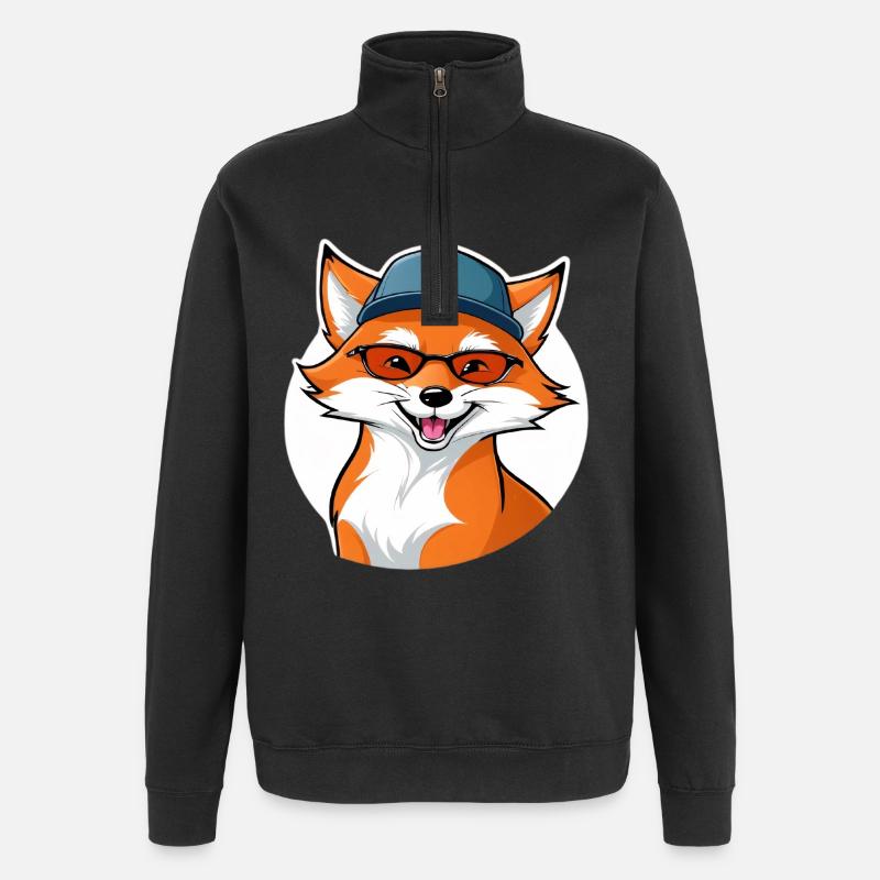 witziger Fuchs mit Brille und Cap - Quarter-Zip-Sweatshirt - Schwarz