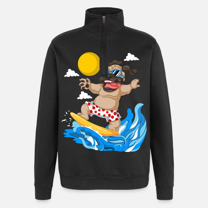 Pug Surfing Summer Beach Tee - Quarter-Zip Sweatshirt - black