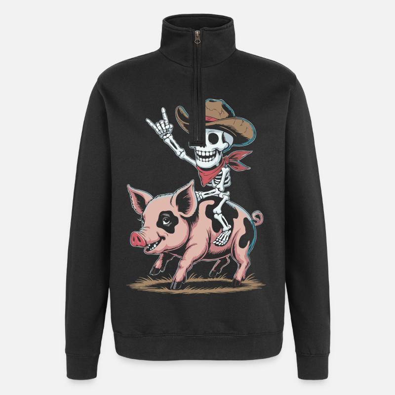 Skeleton cowboy rides pig - Quarter-Zip Sweatshirt - black