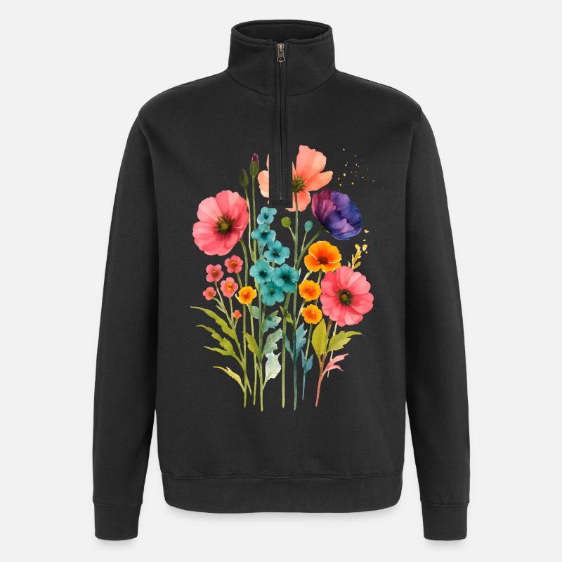 Aquarelle Fleurs Sauvages Boho - Sweat à zip 1/4 - noir