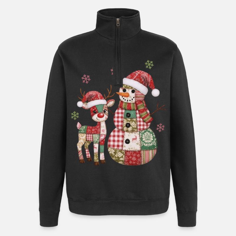 Patchwork Schneemann und Rentier - Quarter-Zip-Sweatshirt - Schwarz