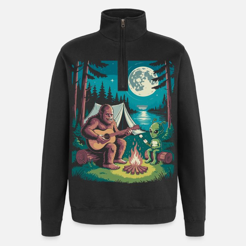 Bigfoot am Lagerfeuer mit Alien - Quarter-Zip-Sweatshirt - Schwarz