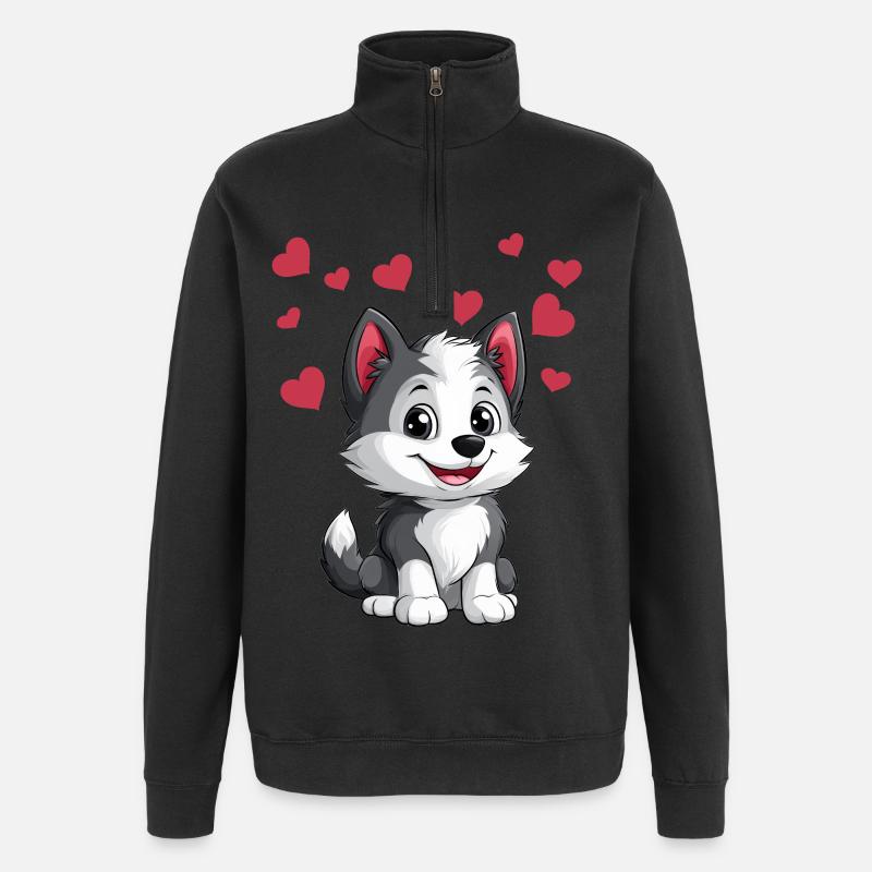 Mignon husky avec des cœurs - Sweat à zip 1/4 - noir