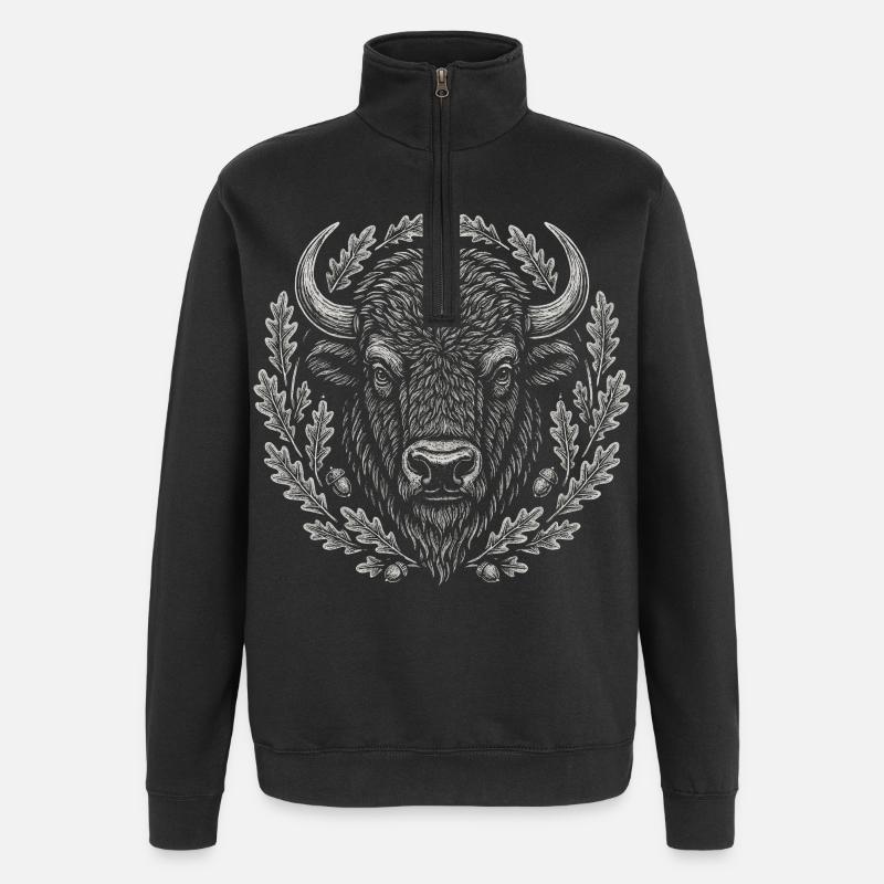 Europäischer Bison mit Eichenkranz Kunst - Quarter-Zip-Sweatshirt - Schwarz