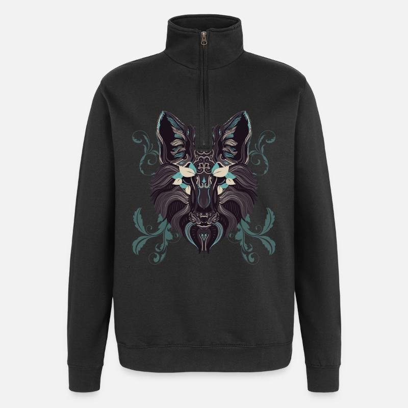 Loup Ornemental Turquoise - Sweat à zip 1/4 - noir