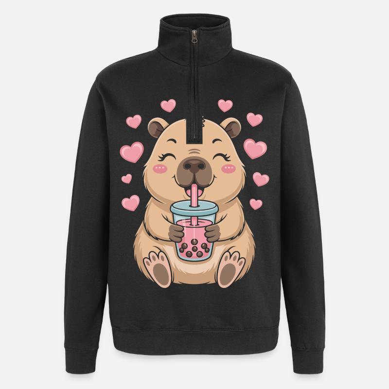 Kawaii Bubble Tea Capybara Boba Tea - Quarter-Zip Sweatshirt - black