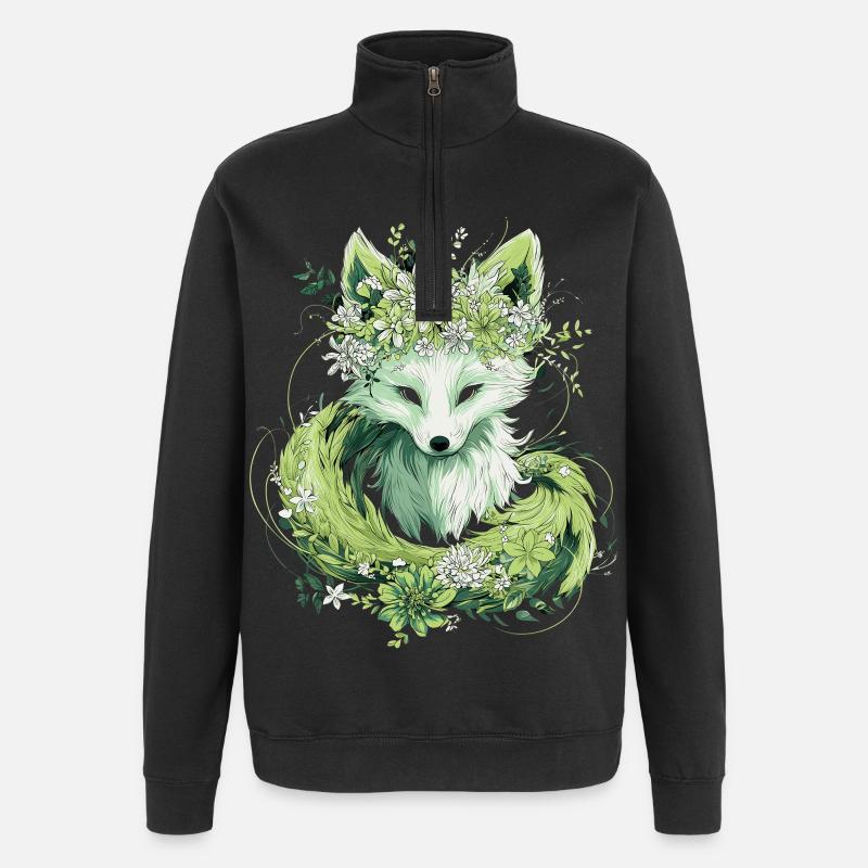 Kitsune Fuchs Boho Blumen Natur - Quarter-Zip-Sweatshirt - Schwarz