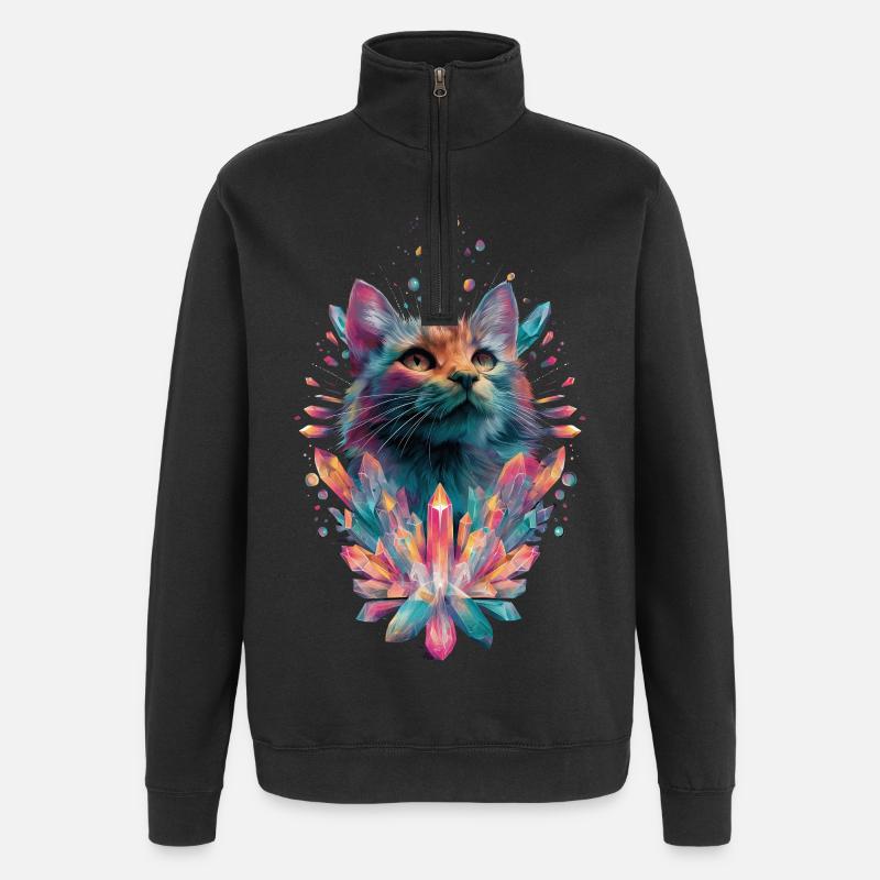 Chat en cristal arc-en-ciel, mignon - Sweat à zip 1/4 - noir