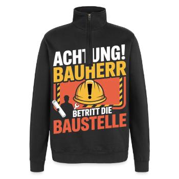 Attention: Builder enters the construction site - Quarter-Zip Sweatshirt - black - Front - AI Model Female 172 light (172cm) & AI Model Male 178 dark (178cm)