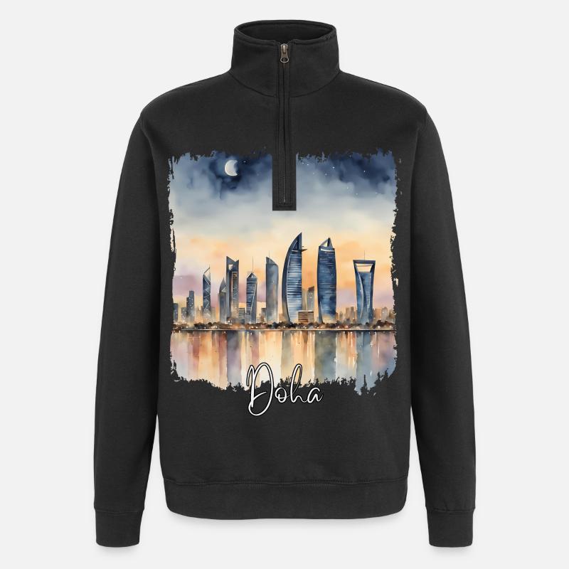 Doha Aquarell, Doha Katar - Quarter-Zip-Sweatshirt - Schwarz